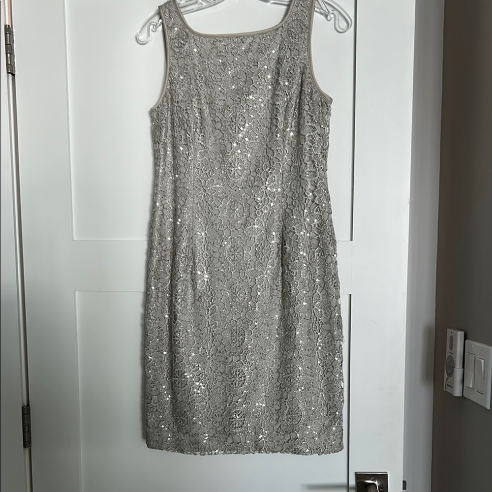 Adriannna Papell Elegant Silver Lace Dress